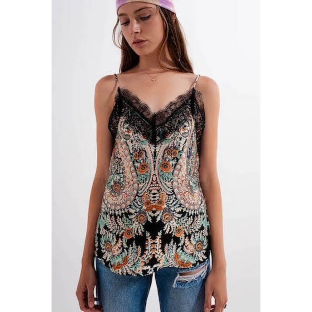 NWT Q2 Paisley Satin Lace Trim Cami Top Size Medium Bohemian Dainty